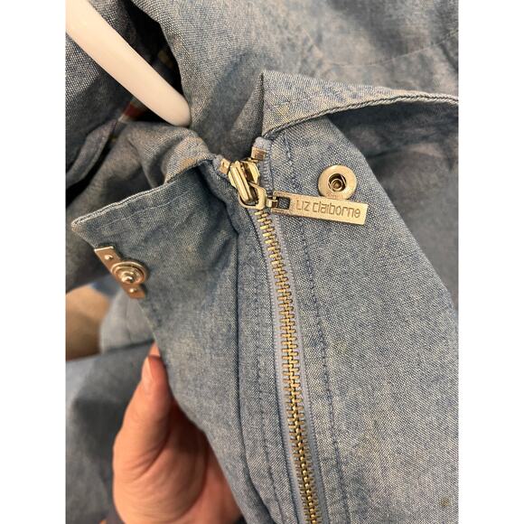 Vintage Liz Claiborne Chambray Jacket Medium Detachable Hood Plaid Lining 90s - Picture 6 of 16